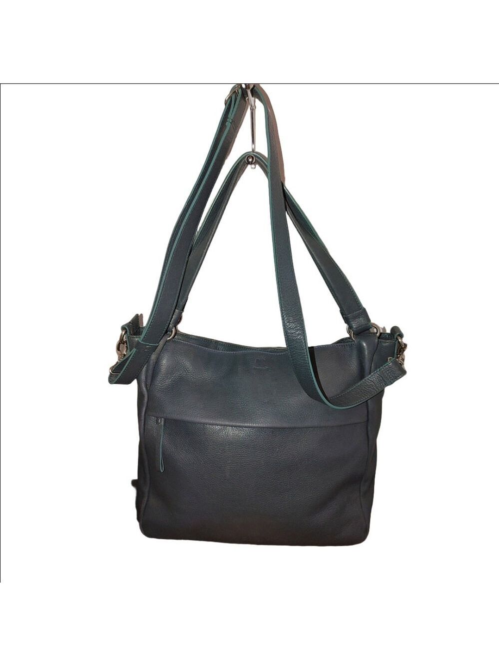 Mywalit Leather Shoulder Crossbody Bag Front Zip Silver-Tone Hardware Teal Blue